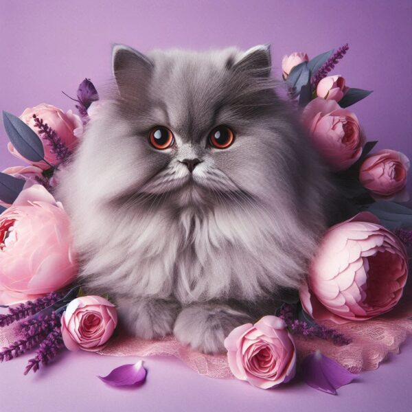 Persian Cat with Roses on Purple Background